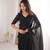 Black satin embroidered hand embroidery heavy look ethnic saree with blouse