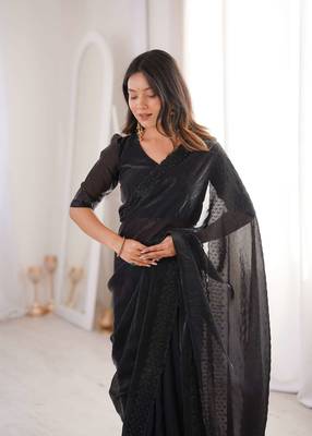 Black satin embroidered hand embroidery heavy look ethnic saree with blouse 3