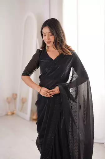Black satin embroidered hand embroidery heavy look ethnic saree with blouse