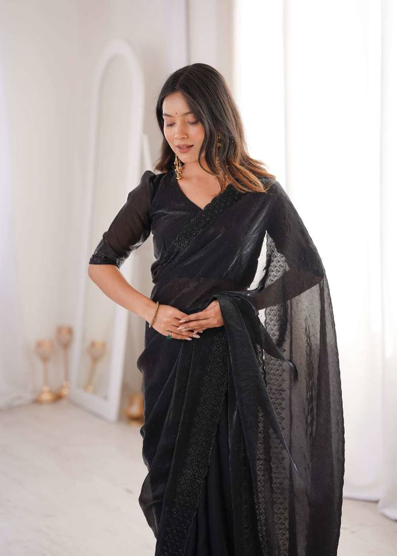 Black satin embroidered hand embroidery heavy look ethnic saree with blouse