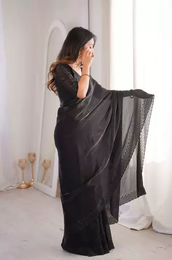 Black satin embroidered hand embroidery heavy look ethnic saree with blouse