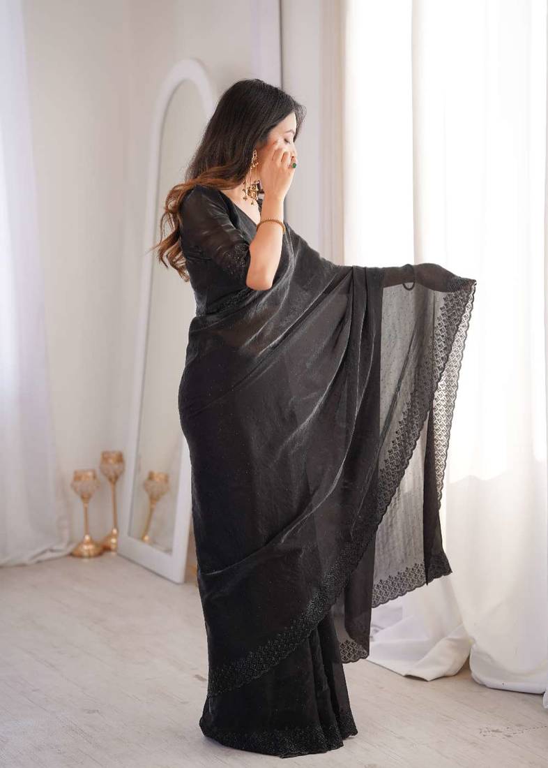 Black satin embroidered hand embroidery heavy look ethnic saree with blouse