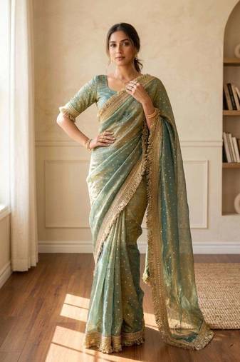 Teal jacquard embroidered zari woven heavy look ethnic saree with blouse