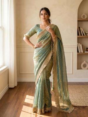 Teal jacquard embroidered zari woven heavy look ethnic saree with blouse 1