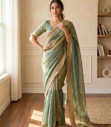 Teal jacquard embroidered zari woven heavy look ethnic saree with blouse