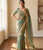 Teal jacquard embroidered zari woven heavy look ethnic saree with blouse