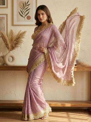 Pink jacquard embroidered zari woven heavy look ethnic saree with blouse 1
