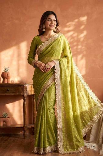 Parrot green jacquard embroidered zari woven heavy look ethnic saree with blouse