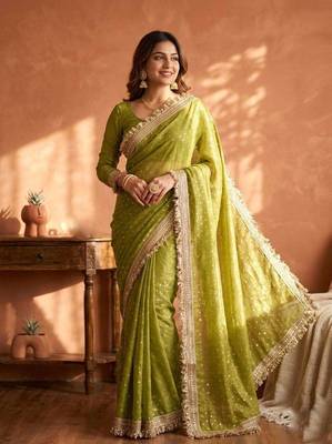 Parrot green jacquard embroidered zari woven heavy look ethnic saree with blouse 1