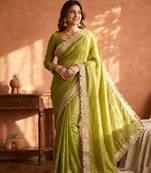 Parrot green jacquard embroidered zari woven heavy look ethnic saree with blouse