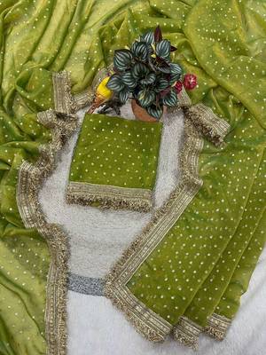 Parrot green jacquard embroidered zari woven heavy look ethnic saree with blouse 2