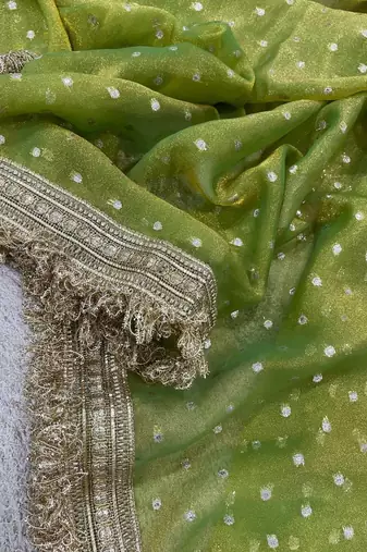 Parrot green jacquard embroidered zari woven heavy look ethnic saree with blouse
