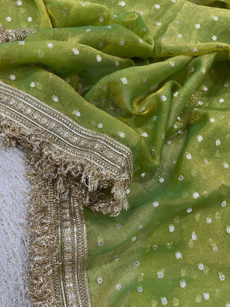 Parrot green jacquard embroidered zari woven heavy look ethnic saree with blouse