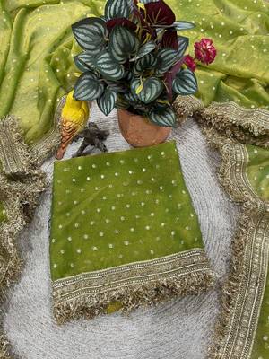 Parrot green jacquard embroidered zari woven heavy look ethnic saree with blouse 4