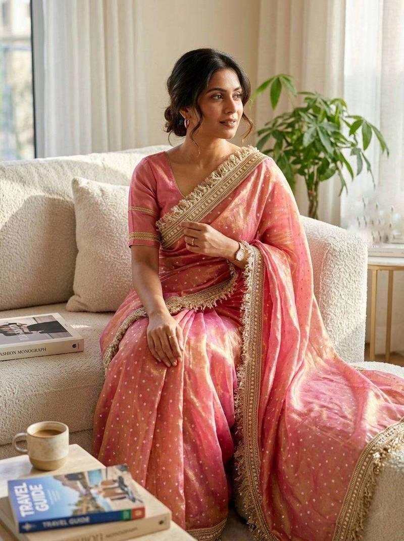 Peach jacquard embroidered zari woven heavy look ethnic saree with blouse