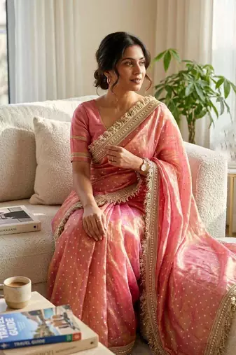Peach jacquard embroidered zari woven heavy look ethnic saree with blouse