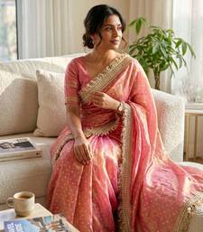 Peach jacquard embroidered zari woven heavy look ethnic saree with blouse
