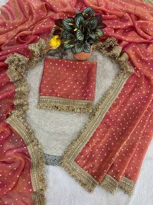 Peach jacquard embroidered zari woven heavy look ethnic saree with blouse 2