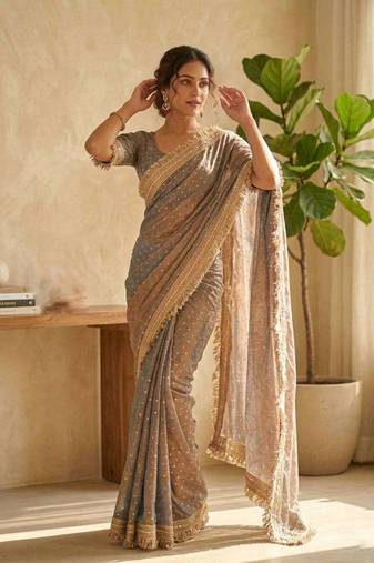 Grey jacquard embroidered zari woven heavy look ethnic saree with blouse