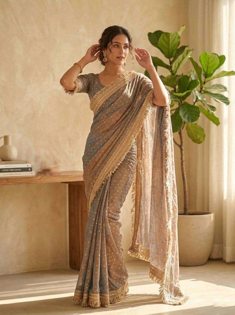 Grey jacquard embroidered zari woven heavy look ethnic saree with blouse