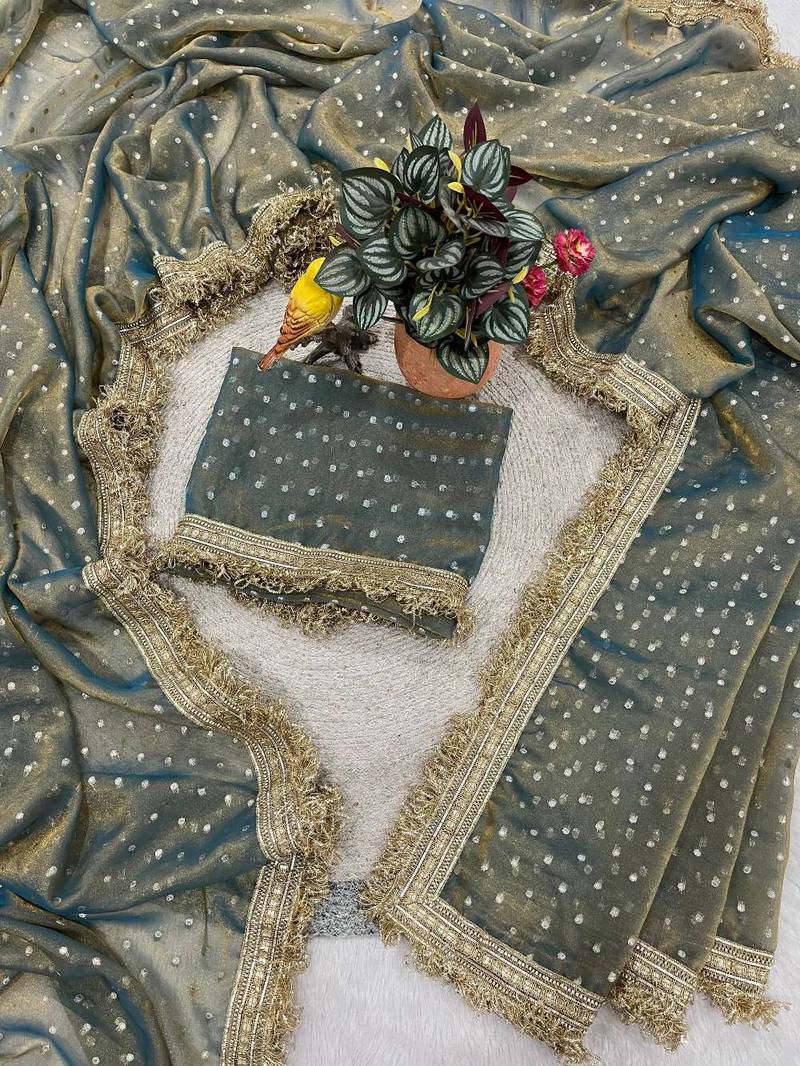 Grey jacquard embroidered zari woven heavy look ethnic saree with blouse
