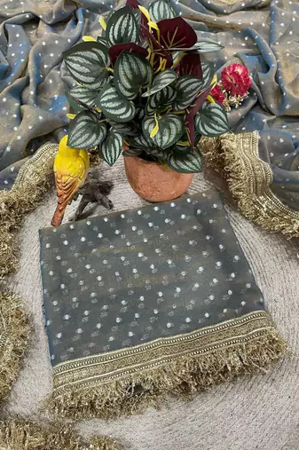 Grey jacquard embroidered zari woven heavy look ethnic saree with blouse