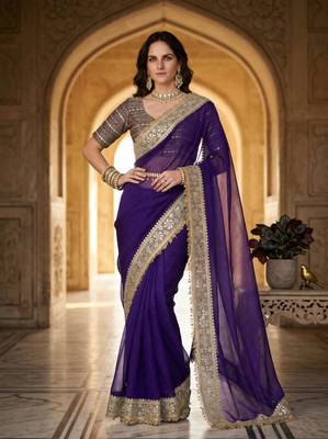 Purple satin embroidered mirror work heavy look ethnic saree with blouse 1