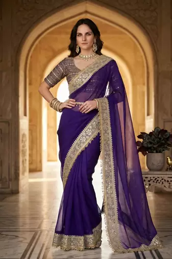 Purple satin embroidered mirror work heavy look ethnic saree with blouse