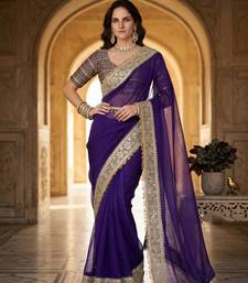 Purple satin embroidered mirror work heavy look ethnic saree with blouse