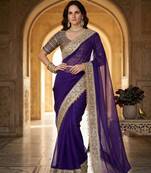 Purple satin embroidered mirror work heavy look ethnic saree with blouse
