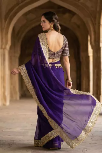 Purple satin embroidered mirror work heavy look ethnic saree with blouse