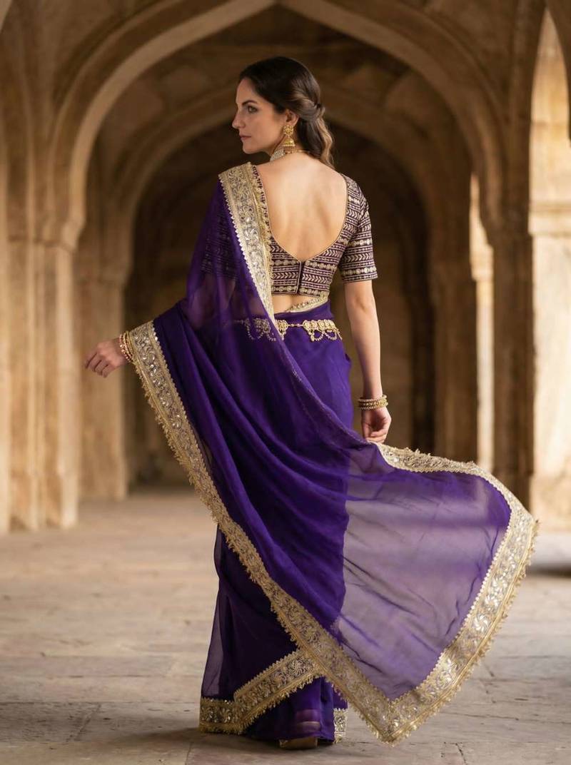 Purple satin embroidered mirror work heavy look ethnic saree with blouse