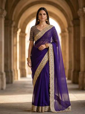 Purple satin embroidered mirror work heavy look ethnic saree with blouse 3