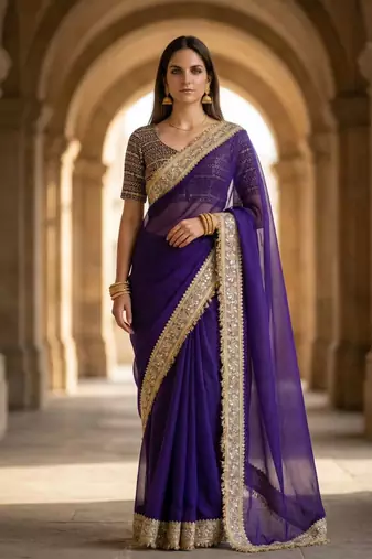 Purple satin embroidered mirror work heavy look ethnic saree with blouse