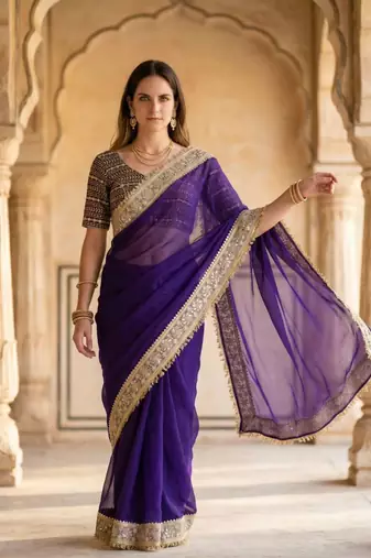 Purple satin embroidered mirror work heavy look ethnic saree with blouse