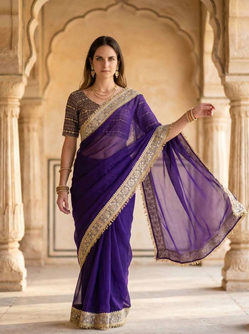 Purple satin embroidered mirror work heavy look ethnic saree with blouse
