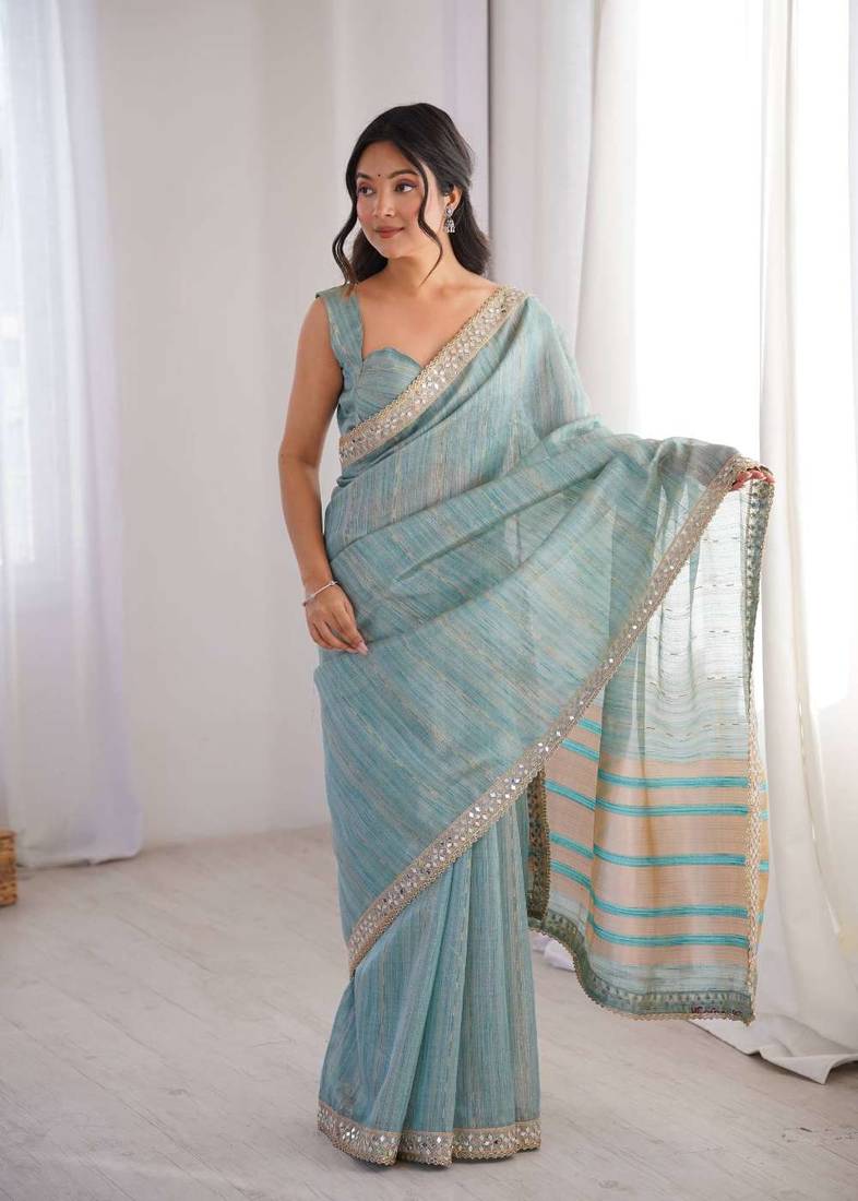 Sky blue pure cotton embroidered mirror work heavy look ethnic saree with blouse