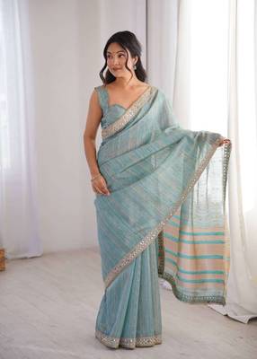 Sky blue pure cotton embroidered mirror work heavy look ethnic saree with blouse 1