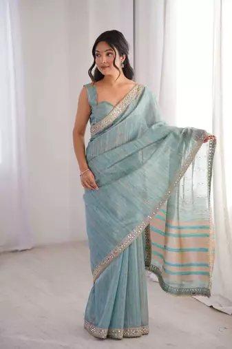 Sky blue pure cotton embroidered mirror work heavy look ethnic saree with blouse