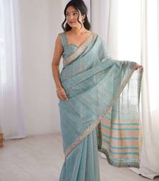 Sky blue pure cotton embroidered mirror work heavy look ethnic saree with blouse