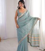 Sky blue pure cotton embroidered mirror work heavy look ethnic saree with blouse
