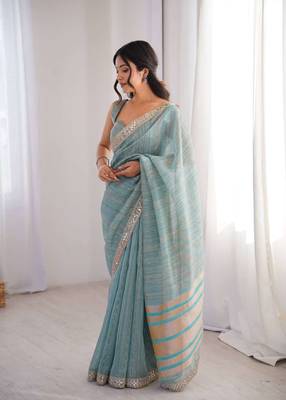 Sky blue pure cotton embroidered mirror work heavy look ethnic saree with blouse 2