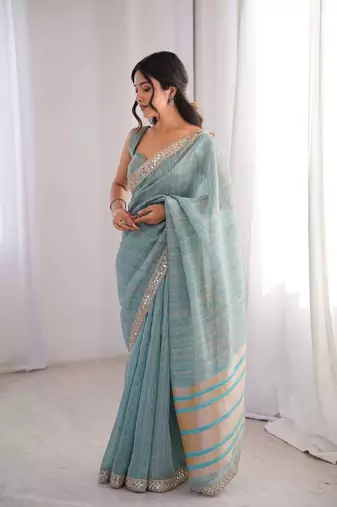 Sky blue pure cotton embroidered mirror work heavy look ethnic saree with blouse