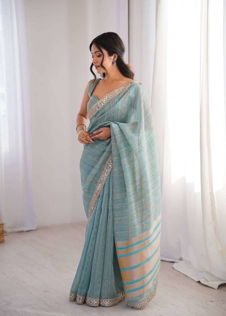 Sky blue pure cotton embroidered mirror work heavy look ethnic saree with blouse