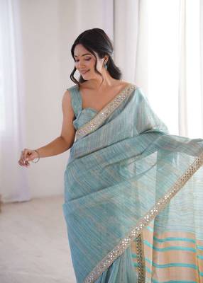 Sky blue pure cotton embroidered mirror work heavy look ethnic saree with blouse 3