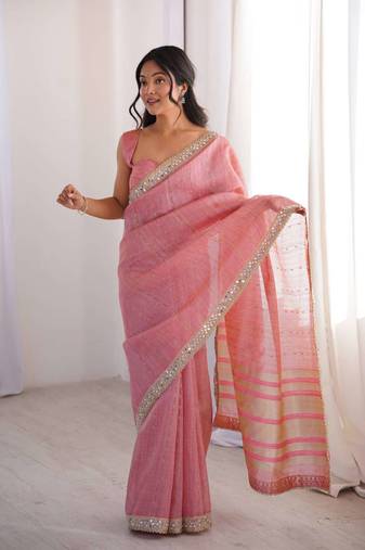 Pink pure cotton embroidered mirror work heavy look ethnic saree with blouse
