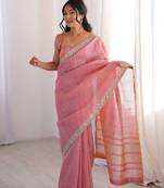 Pink pure cotton embroidered mirror work heavy look ethnic saree with blouse