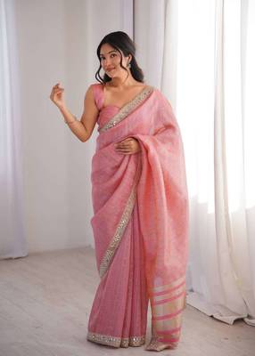 Pink pure cotton embroidered mirror work heavy look ethnic saree with blouse 2