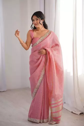 Pink pure cotton embroidered mirror work heavy look ethnic saree with blouse