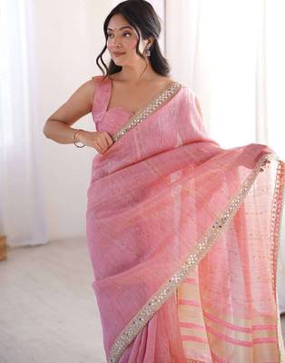 Pink pure cotton embroidered mirror work heavy look ethnic saree with blouse 3
